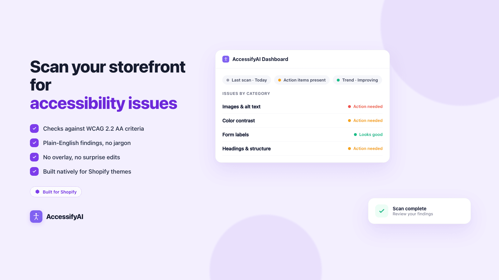 AccessifyAI dashboard showing scan status and accessibility findings grouped by category.