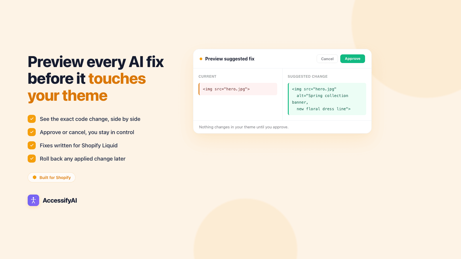 AI fix preview showing a unified diff with the failing alt text replaced by a context-aware description.