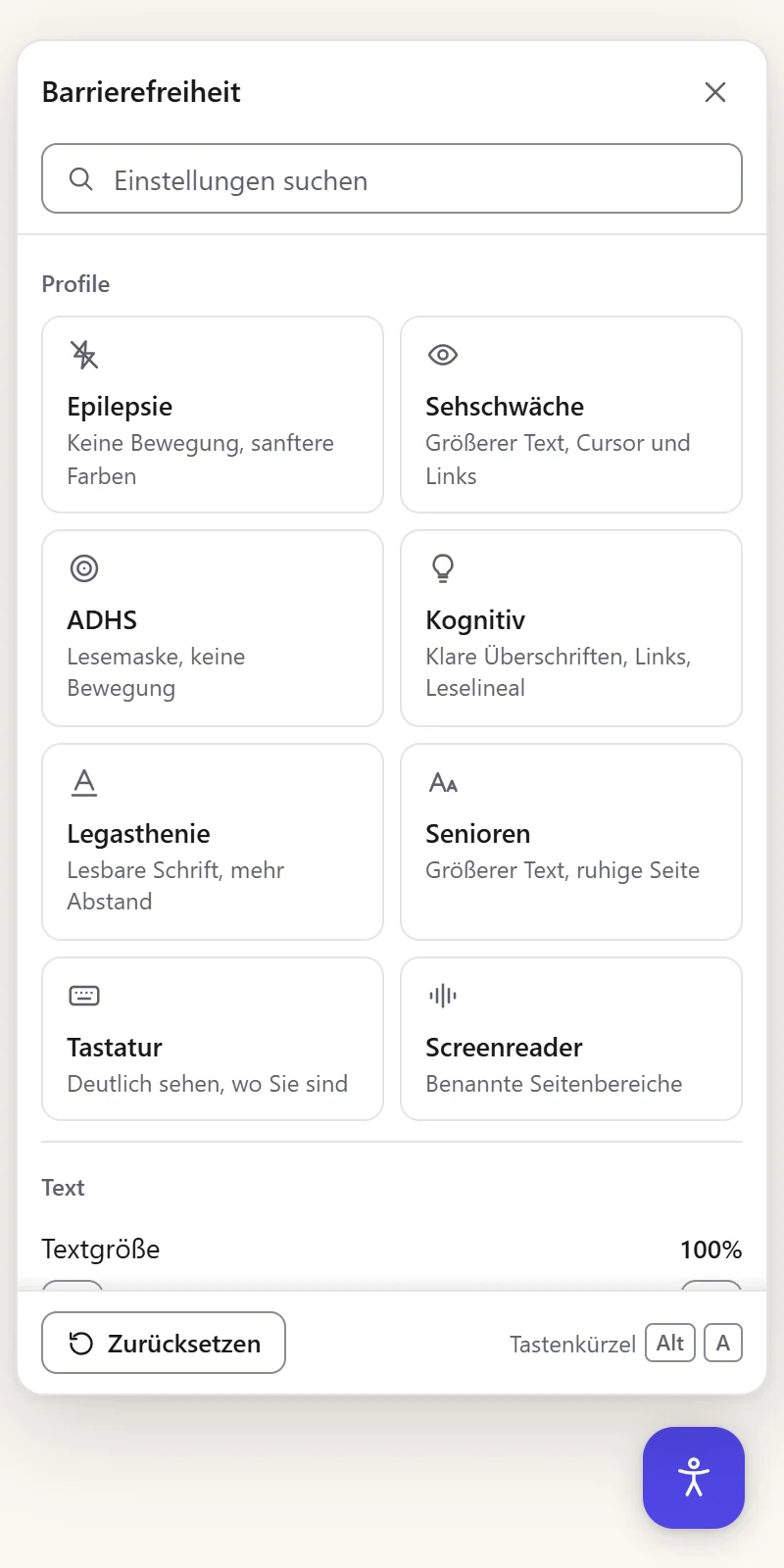 Das AccessifyAI-Barrierefreiheits-Widget offen auf einer Produktseite, mit acht Profilen für Epilepsie, Sehschwäche, ADHS, Legasthenie und mehr sowie einer Suche nach Einstellungen
