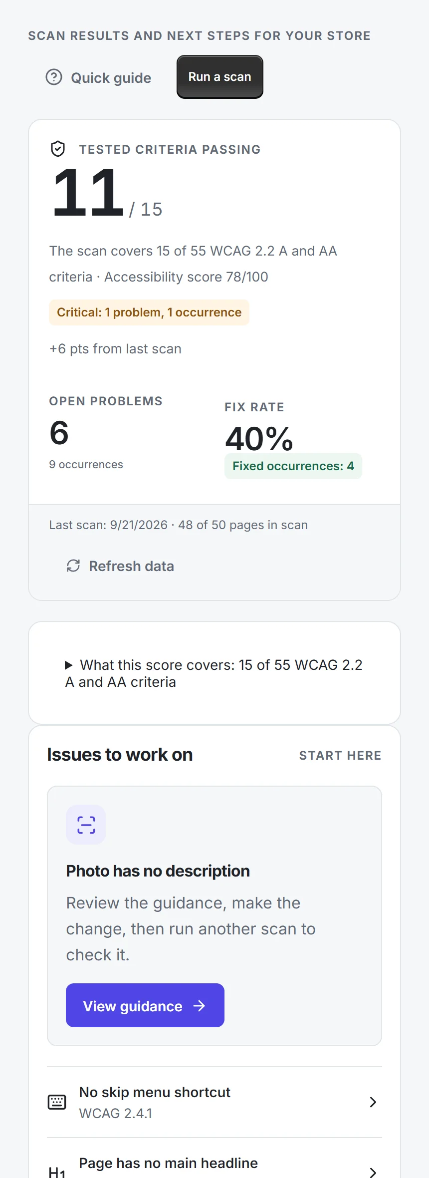 AccessifyAI dashboard: 11 of 15 tested criteria passing, six open issues and the issue to fix first