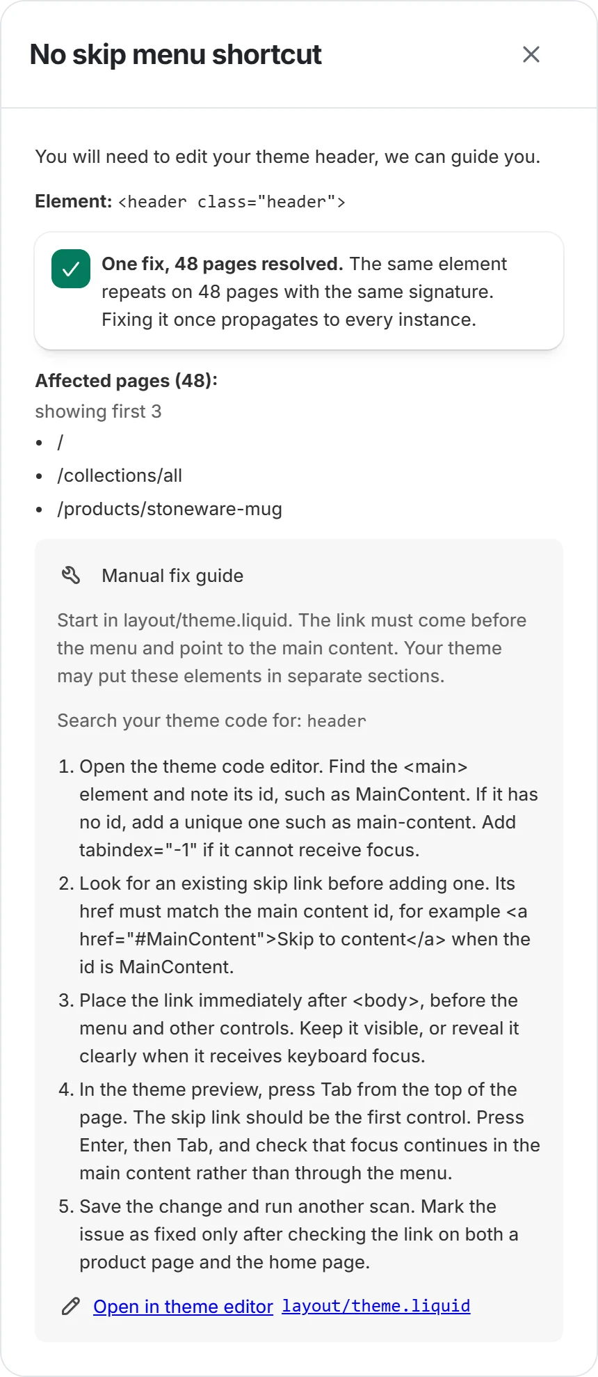 Issue details for a missing skip link: 48 pages affected, a fix guide and a link to layout/theme.liquid in the theme editor