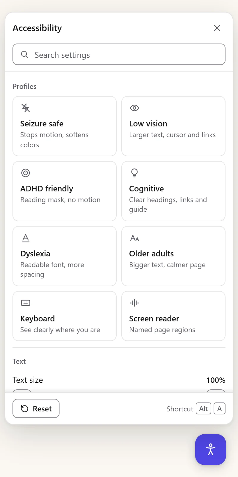 The AccessifyAI accessibility widget open on a product page, with eight profiles for seizures, low vision, ADHD, dyslexia and more, and a settings search
