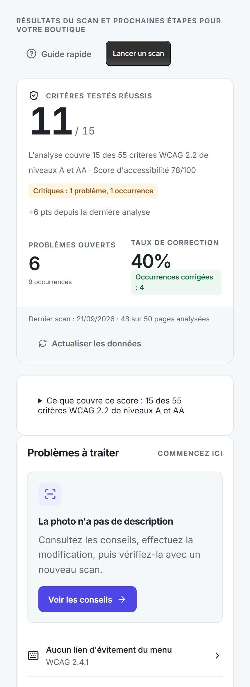 Tableau de bord AccessifyAI : 11 critères testés sur 15 sans erreur, six problèmes ouverts et le problème à corriger d’abord