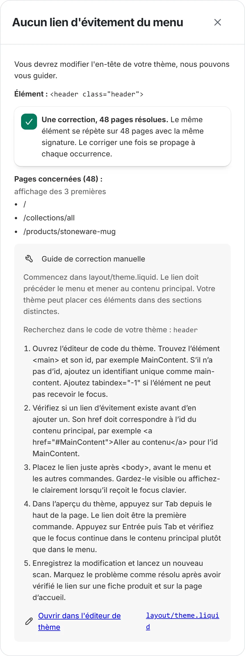Détail d’un problème, lien d’évitement manquant : 48 pages, guide de correction et lien vers layout/theme.liquid dans l’éditeur de thème