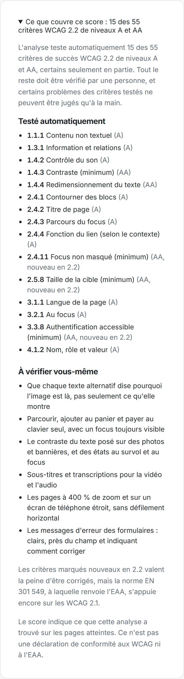 Le panneau sous le score, ouvert : les 15 critères WCAG testés par l’analyse et six vérifications à faire à la main