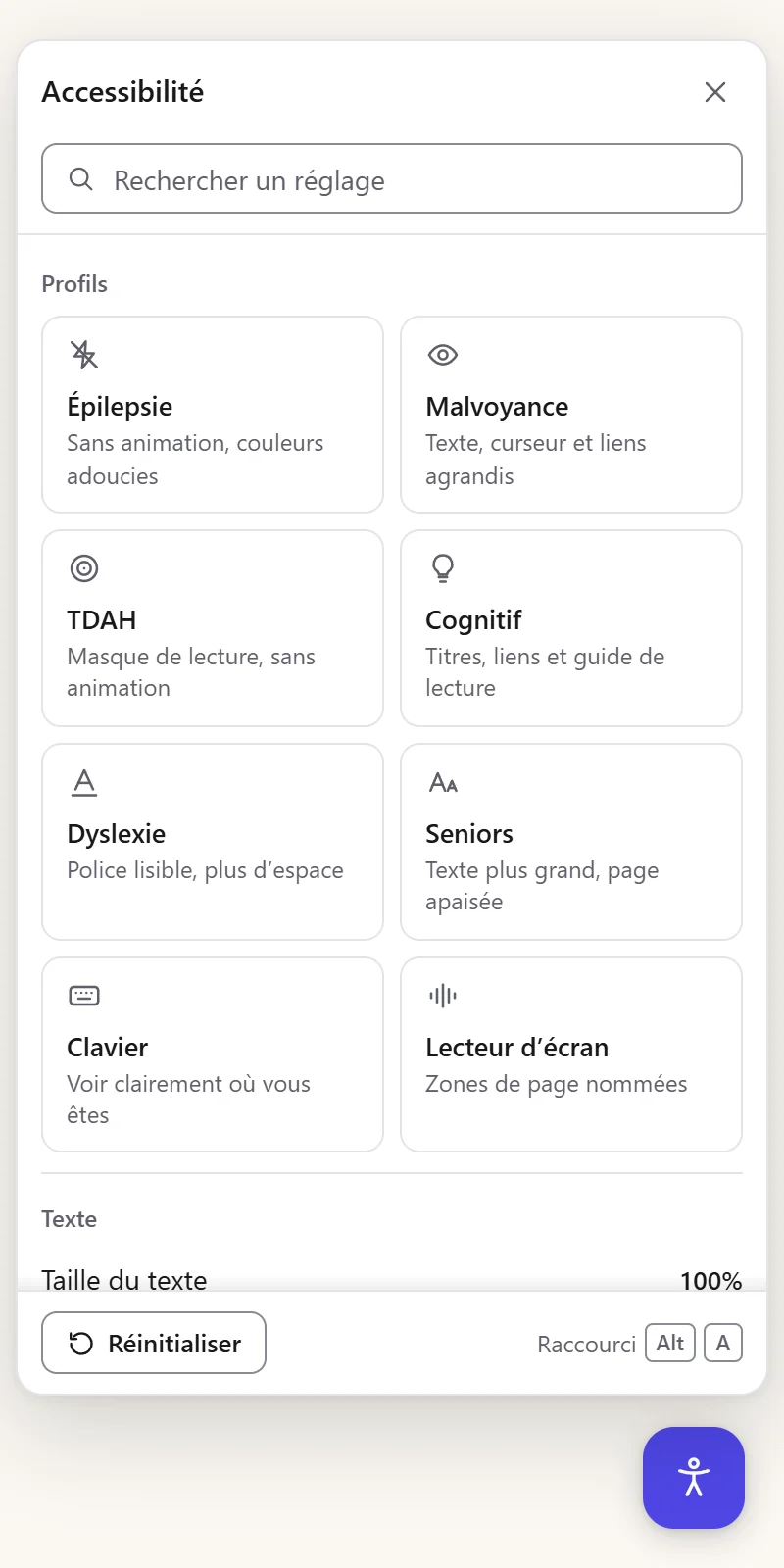 Le widget d’accessibilité AccessifyAI ouvert sur une fiche produit, avec huit profils (épilepsie, malvoyance, TDAH, dyslexie et autres) et une recherche des réglages