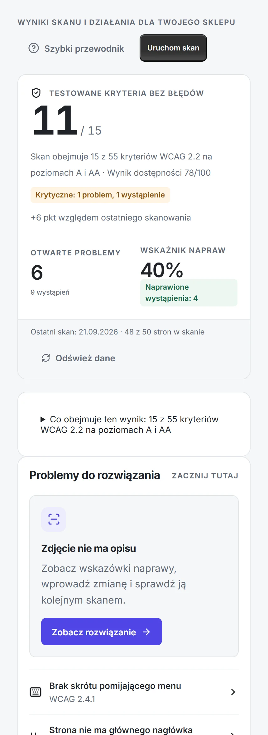 Pulpit AccessifyAI: 11 z 15 testowanych kryteriów bez błędów, sześć otwartych problemów i problem do naprawy na start