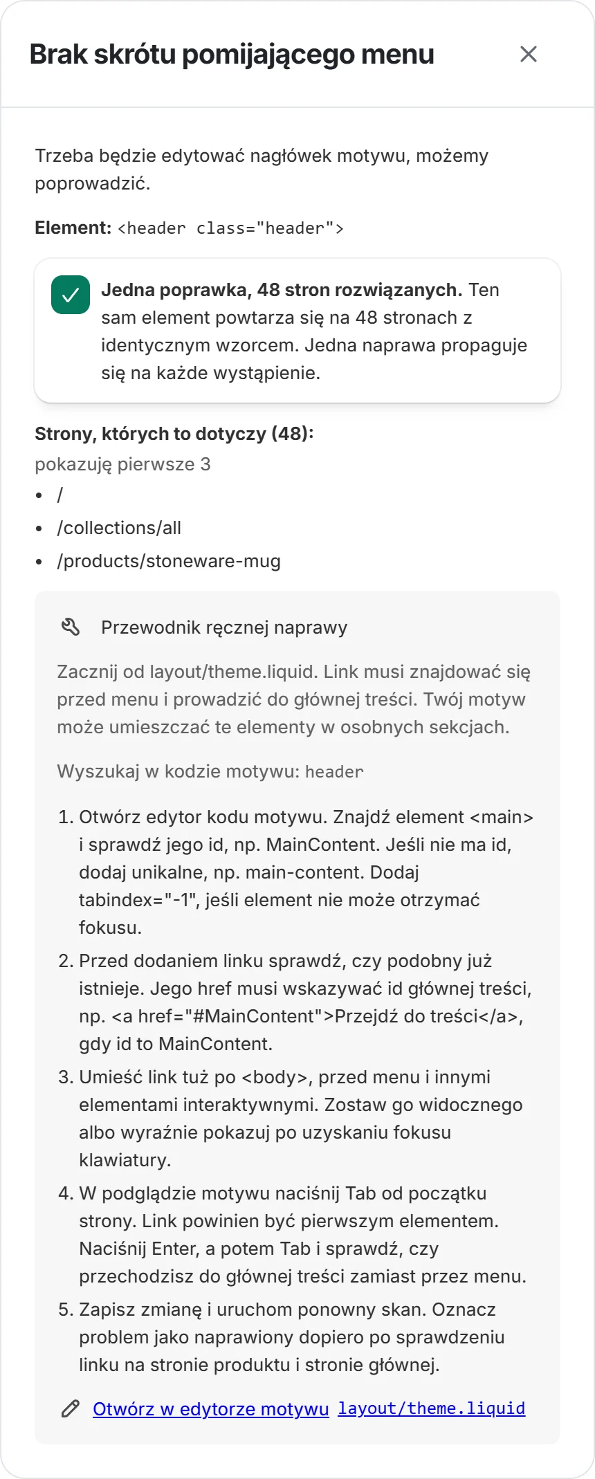 Szczegóły problemu z brakującym skrótem pomijającym menu: 48 stron, przewodnik naprawy i link do layout/theme.liquid w edytorze motywu