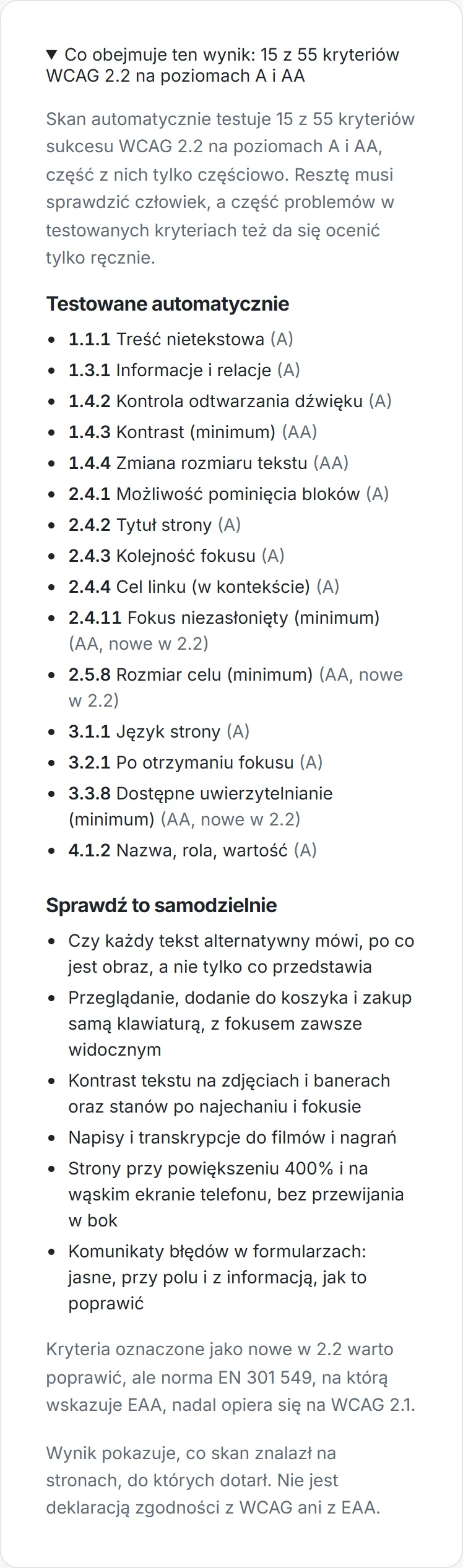 Otwarty panel pod wynikiem: 15 kryteriów WCAG testowanych przez skan i sześć kontroli do wykonania ręcznie