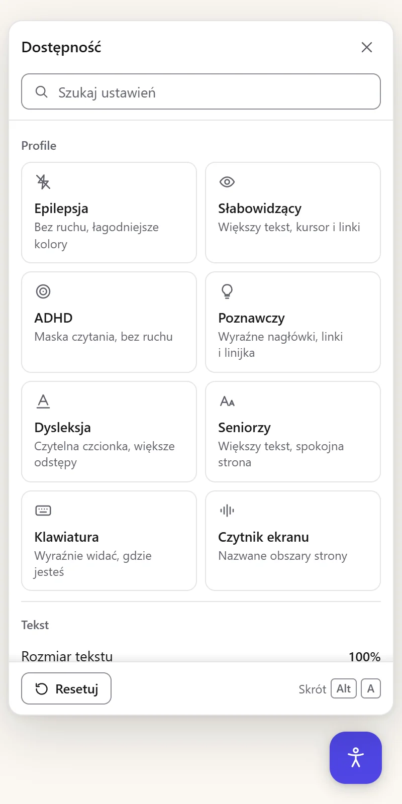 Widget dostępności AccessifyAI otwarty na stronie produktu, z ośmioma profilami (epilepsja, słabowidzący, ADHD, dysleksja i inne) oraz wyszukiwarką ustawień